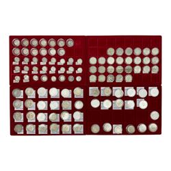 Great British pre-1947 silver coins, including sixpences, shillings, florins/two shillings and halfcrowns, housed in four coin trays