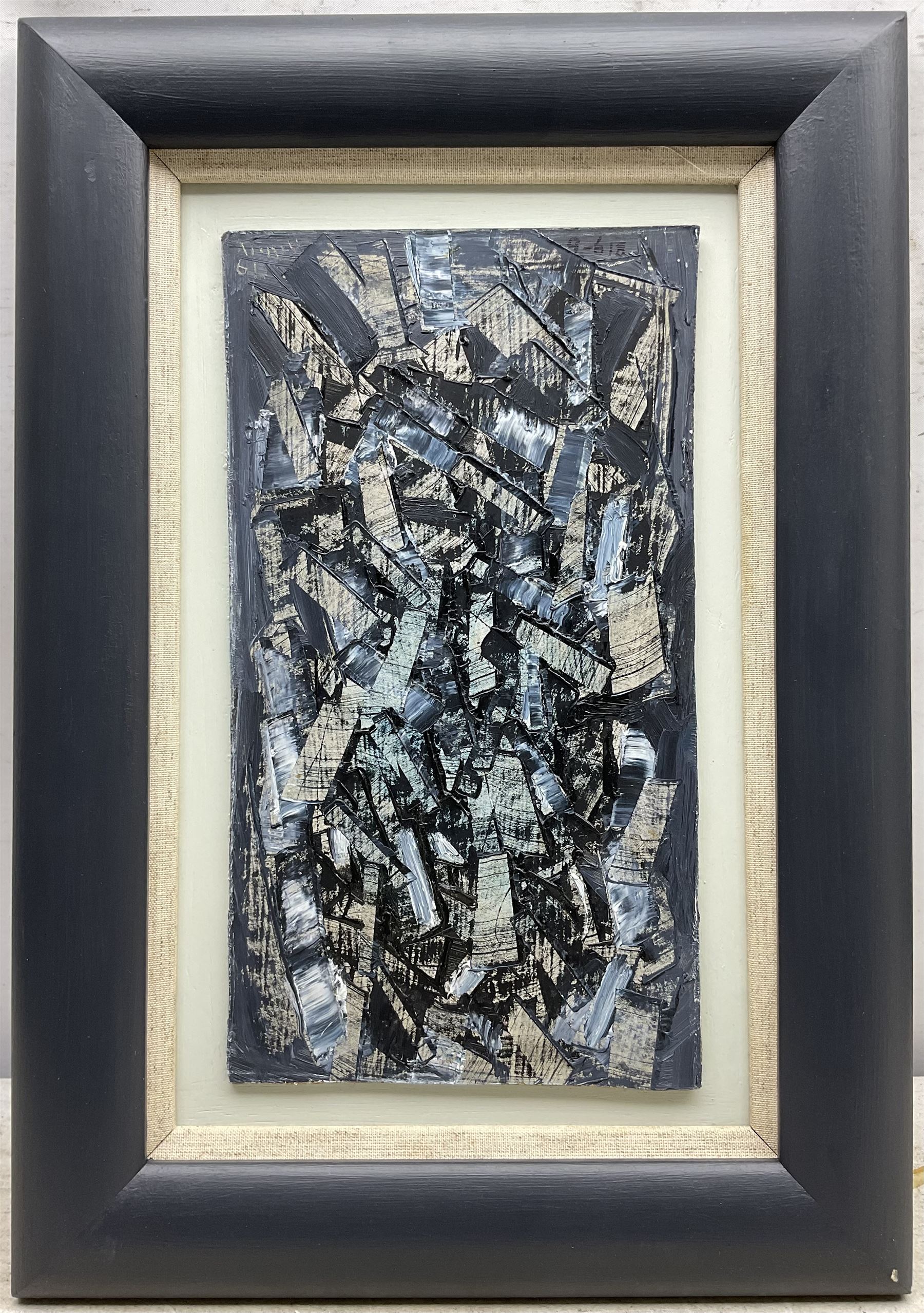 Roy Turner Durrant (British 1925-1998): 'Composition Blue', oil on board signed and dated '61, titled verso 30cm x 16.5cm 
Provenance: private collection, purchased Peter Wilson 27th November 2013 Lot 548