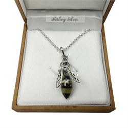 Silver Baltic amber honey bee pendant, stamped 925, boxed