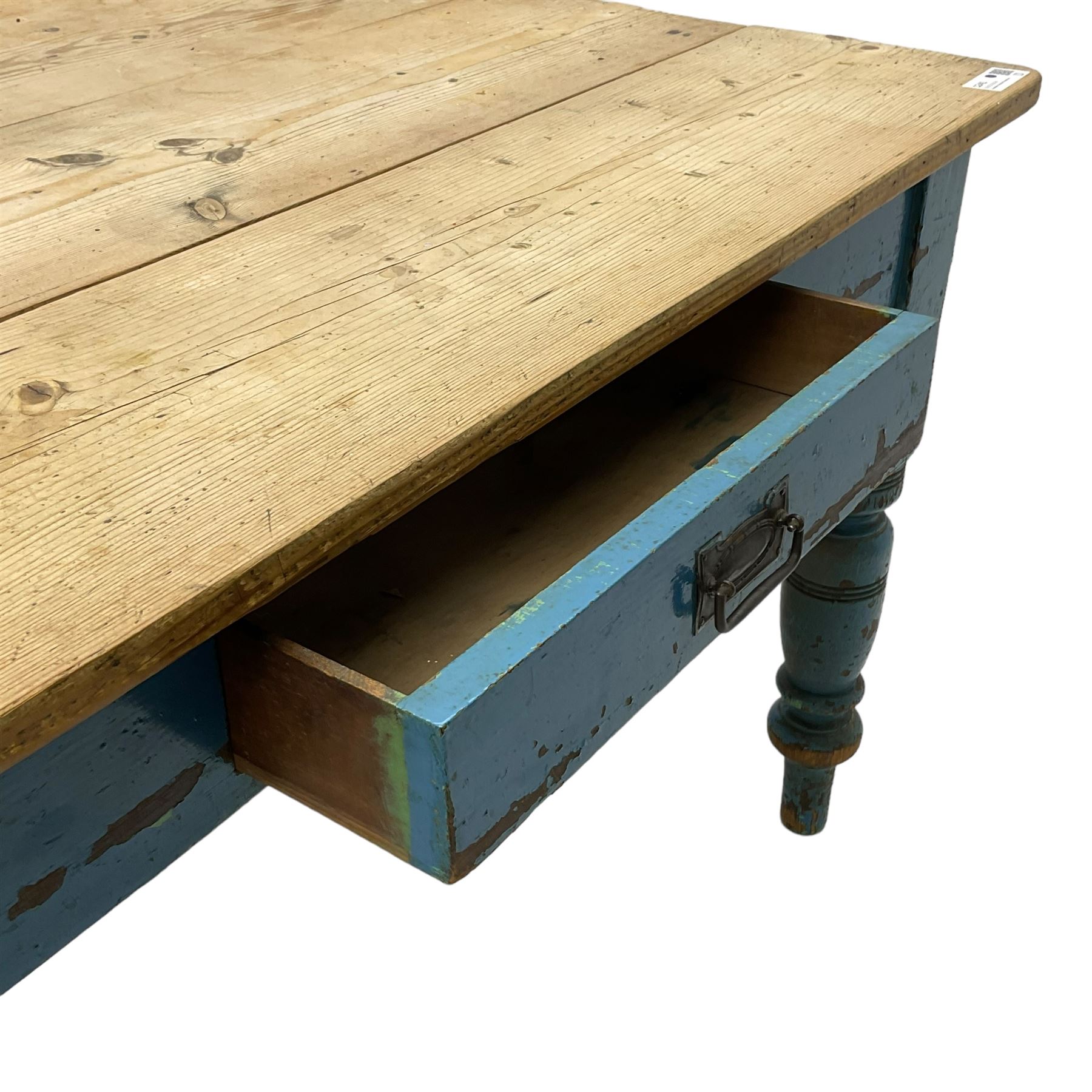 Victorian rustic painted pine kitchen table,  rectangular stripped top, the blue painted base fitted with single drawer, on ring turned supports