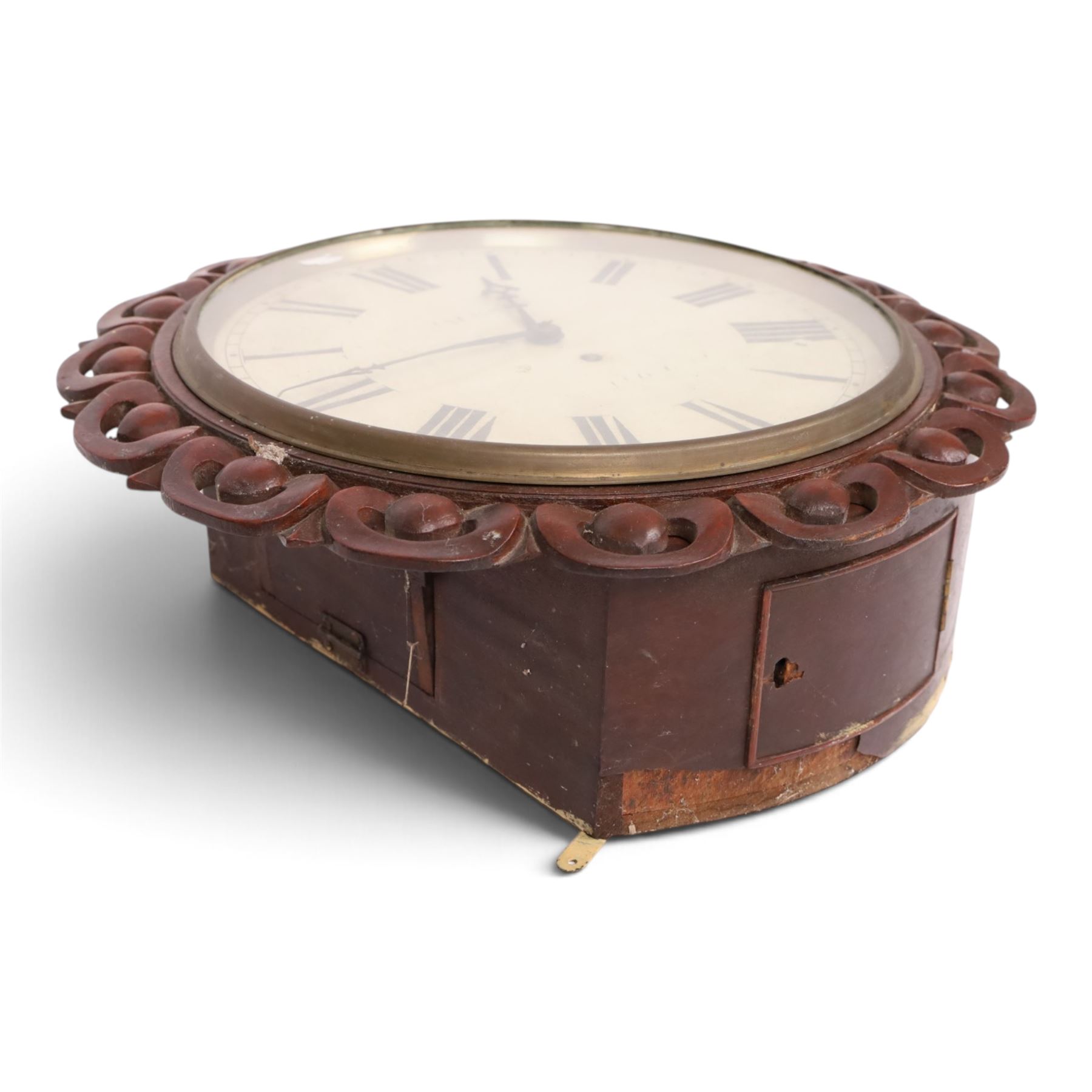 Mahogany wall clock, painted dial signed Johnson London , D42cm