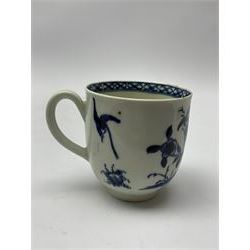 18th Century Worcester teapot, circa 1765-70, decorated in the Bird in the ring pattern, the cover with bud finial, with crescent mark beneath, H13cm, together with a Worcester coffee cup decorated in the same pattern, with crescent mark beneath, H6.5cm