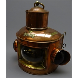  Simpson Lawrence & Co. Glasgow ship's copper Masthead lamp of half-round form with additional Port & Starboard filters to each side and brass loop handle, converted to electric, H36cm   