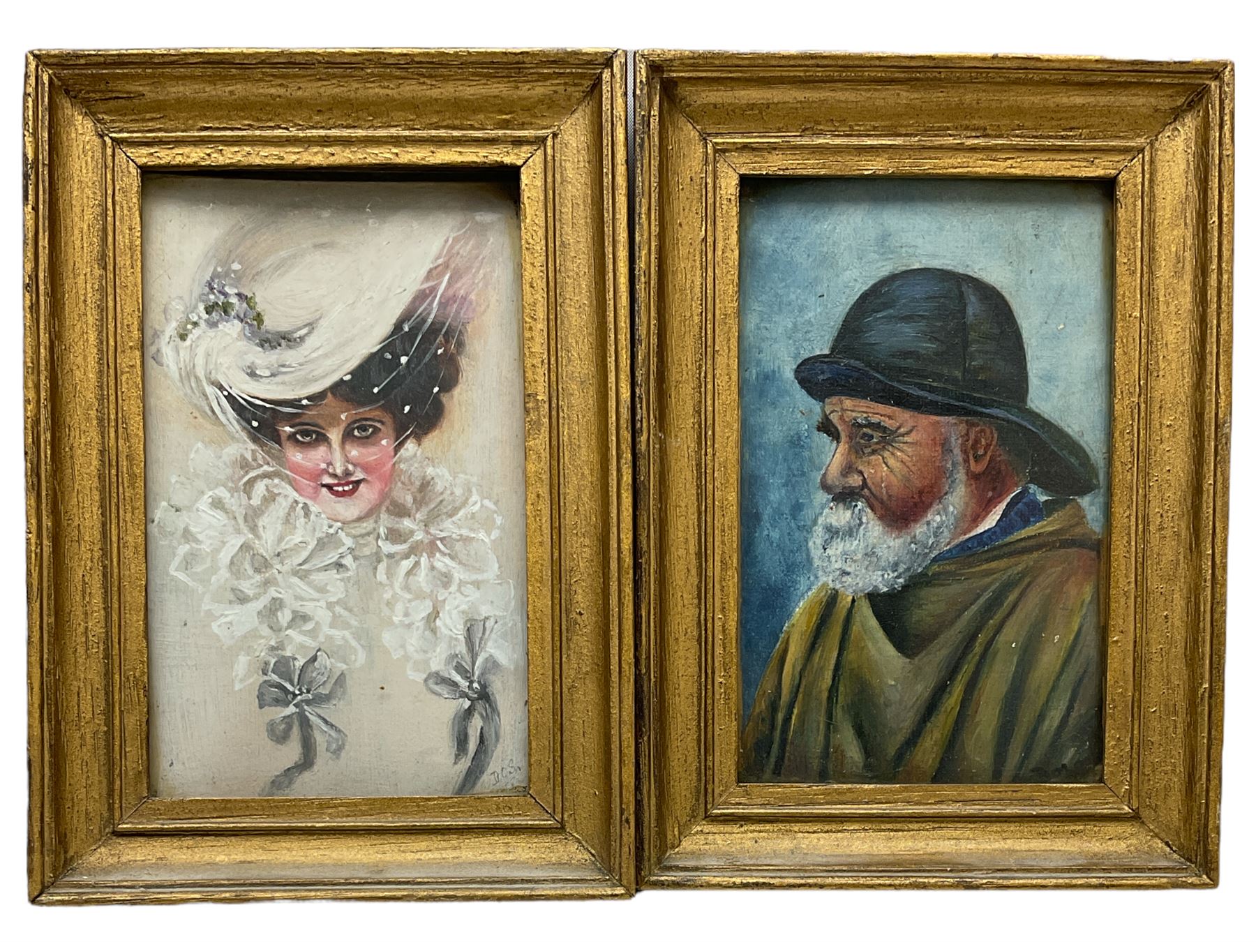 English School (19th century): Classical Maiden Holding Urn, watercolour unsigned 30cm x 21cm; English School (19th century): Lady in White and Fisherman, pair miniature oils on board indistinctly signed 13cm x 8cm (3)