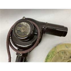 Collection of Bakelite to include Ormond hair dryer, 1930a Prettywell inkstand, Bandalasta marbled green teacup trio, two Sirram cups and saucers, Diadam Linga Longa etc