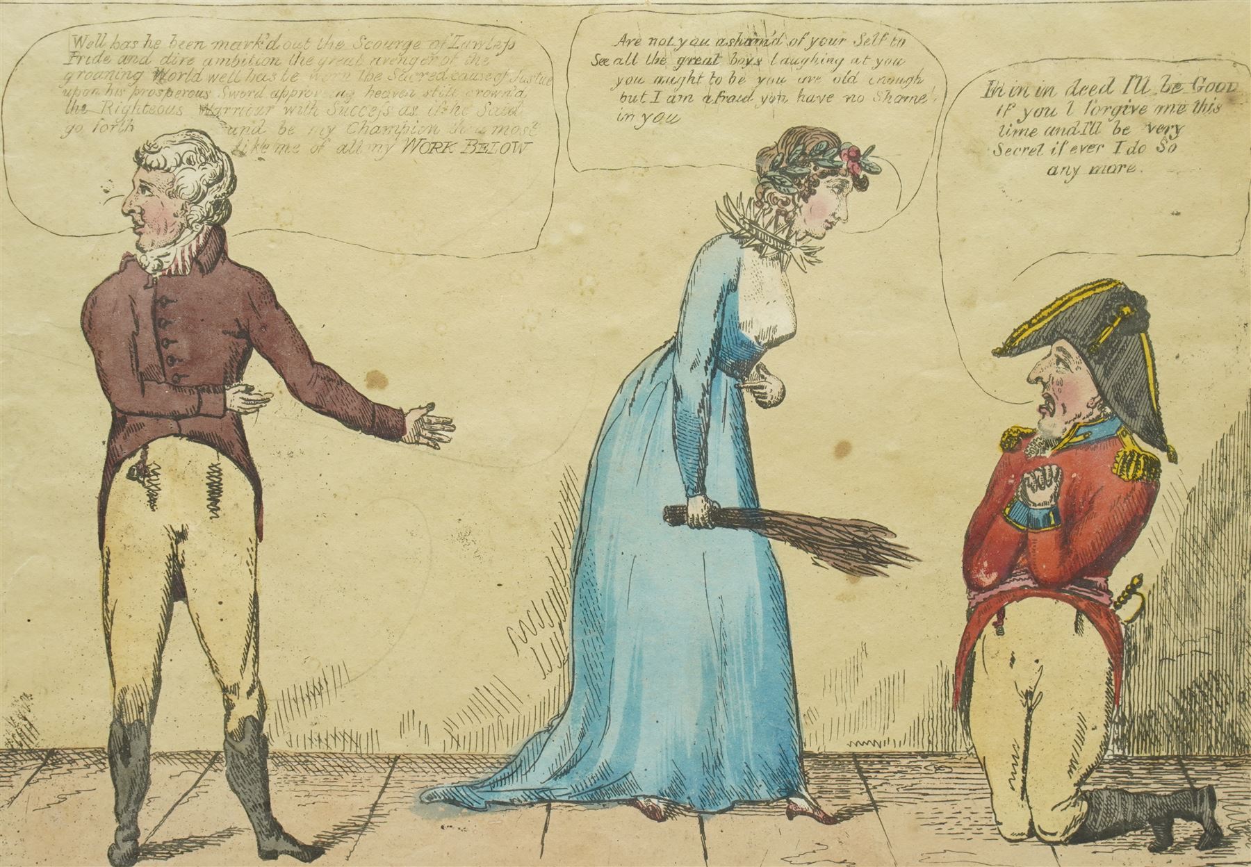 James Gillray (British 1756-1815): 'The York Mistress', early 19th century satirical etching with-hand colouring pub. Hannah Humphrey, London, 1809, 24cm x 32cm
Notes: The Duke of York (right), in regimentals, kneels at the feet of Mrs Clarke, who stands over him holding a birch-rod. Col Gwyllym Lloyd Wardle stands on the left in civilian dress. He  initiated corruption charges against Frederick, Duke of York, which resulted in his trial and resignation as commander-in-chief in 1809.