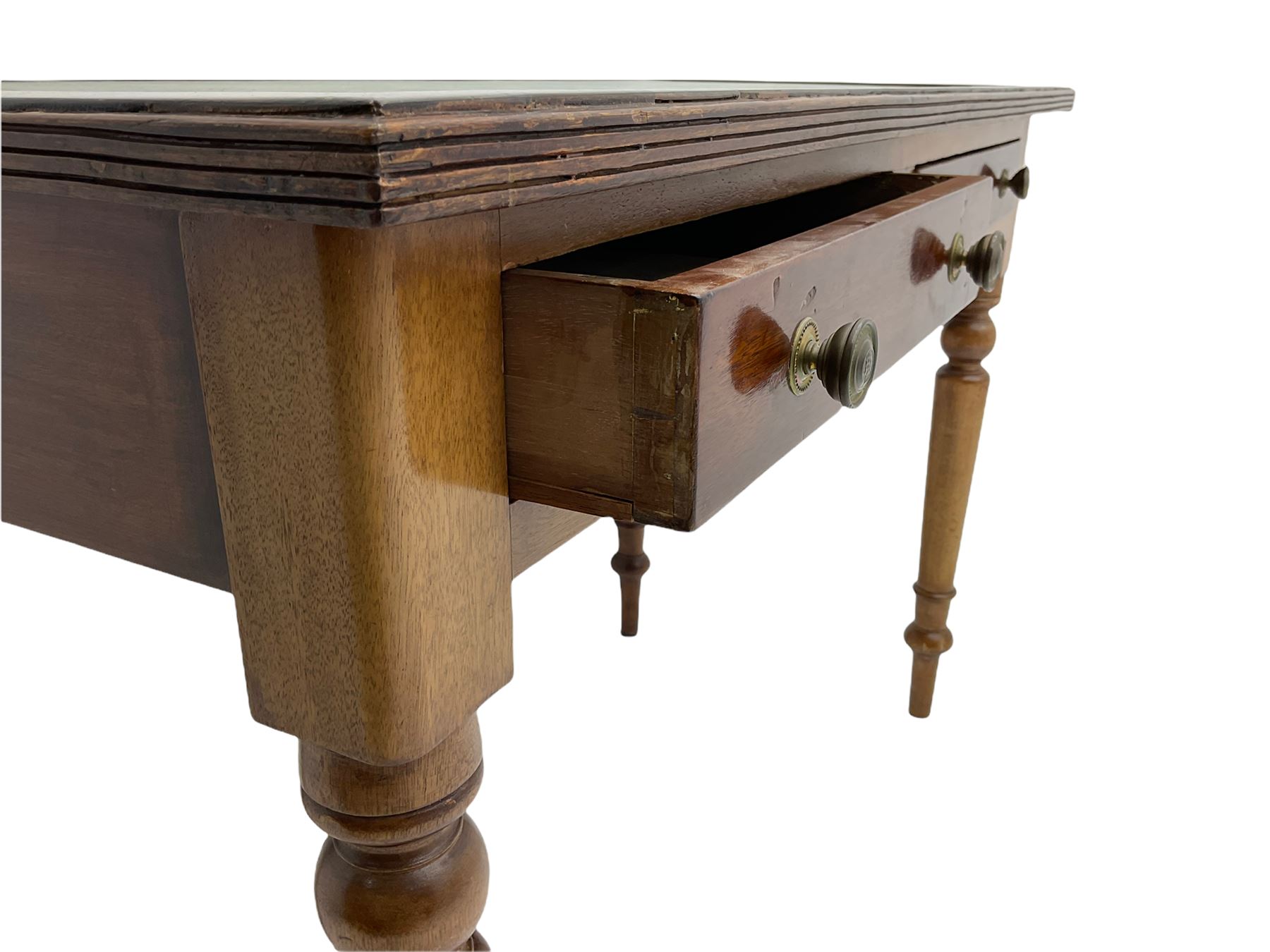 20th century mahogany writing table, inset leather top, fitted with two drawers