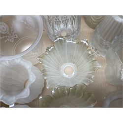 Five frosted glass Flambe lamp shades, together with three similar smaller examples and two coloured examples, and a quantity of other glass lampshades