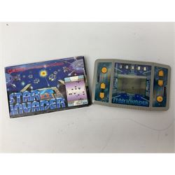 Collection of retro handheld games, including Nintendo Game & Watch ‘Snoopy Tennis’ (1982) and ‘Squish’ (1986) both with instruction booklets, Casio CG-600 ‘Star Invader’ with box, 3 in 1 LCD cartridge game including ‘Soccer’, ‘Invader’ and ‘Bomb Finder’ games, and two Grandstand ‘Pinball Wizard’ (1988) games, both with original boxes