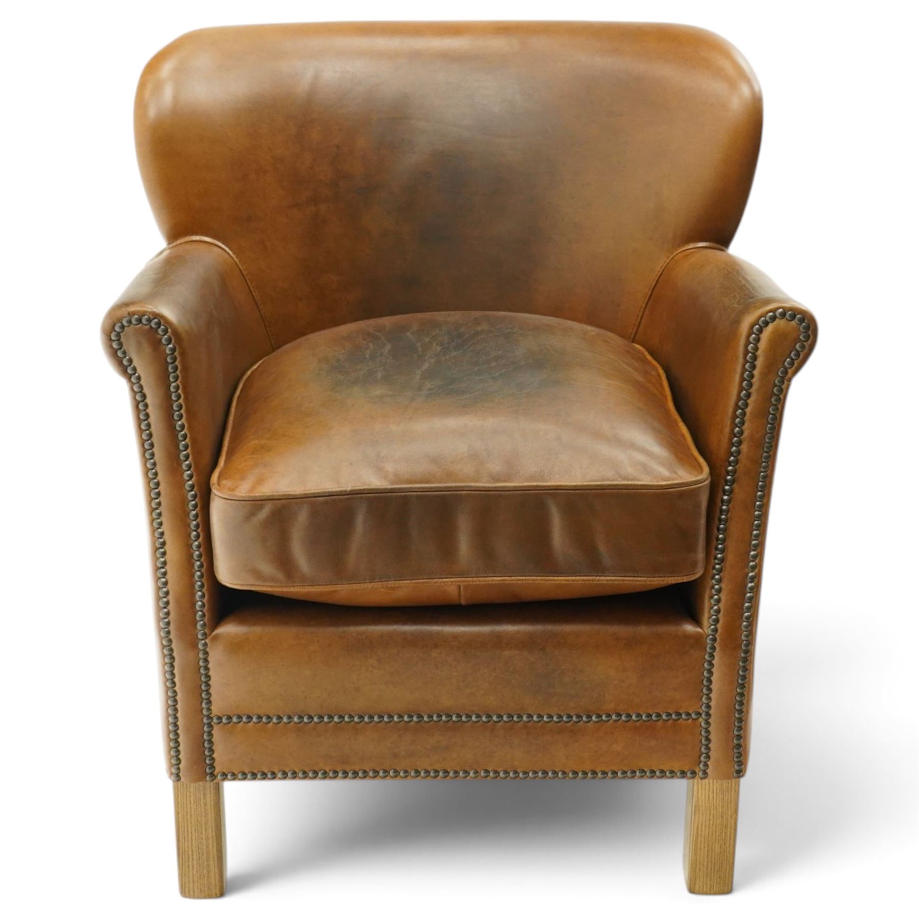 Halo - traditional tub design 'Cosy' club armchair, rolled arms with studwork terminals, upholstered in deep tan leather with loose seat cushion, on square supports