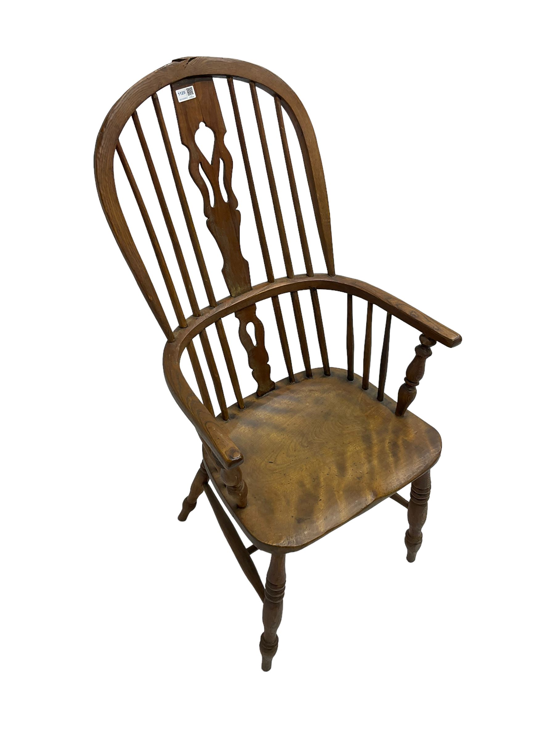 19th century elm and beech Windsor armchair, stick back with pierced splat, on turned supports with H-shaped stretchers