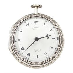 George III silver and gilt metal triple cased verge fusee pocket watch, for the Turkish market by Markwick Markham Borrell, London, No. 23209, ornate classical design pillars, pierced and engraved foliate balance cock, white enamel dial with Turkish numerals, bull's eye glass, the silver cases by James Richards, London 1804, the silver and gilt outer case decorated with green shagreen