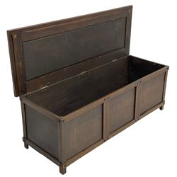 20th century oak panelled blanket chest or coffer, pegged construction with hinged lid, on stile supports