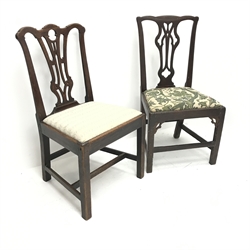 RTV     Two mahogany Chippendale style dining chairs, shaped cresting rail, pierced splat, upholstered seat, square supports, W52cm