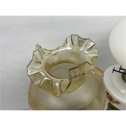 Brass Corinthian column oil lamp, upon stepped marble base, together three other brass table lamps, tallest H68cm