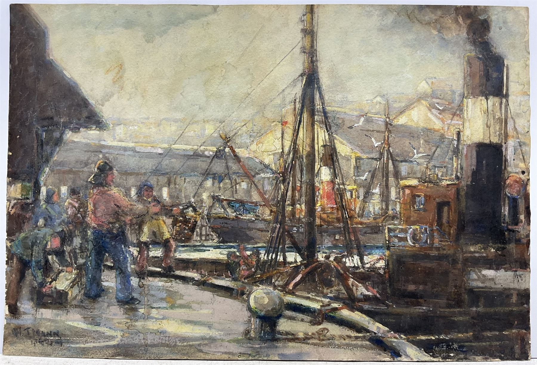 William J Mann (Scarborough mid 20th century): Steam Trawlers by the Fish Quay Scarborough, watercolour signed and dated '49, with a study of shipping verso 30cm x 45cm
Notes: Mann was a member of the Fylingdales Group of Artists and lived in Newby, Scarborough.
