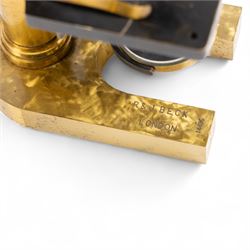 Late 19th century brass microscope by R.J Beck London, serial no. 14496, with four spare lenses in wooden case, 

By vendor repute: Microscope is believed to have belonged to Charles Darwin's youngest son Horace. It was presented to Mount House School Tavistock in 1988 by G.J Willoughby Cashell. It was given to Mr Cashell's maternal great grand father Dr Thomas Lyle whose son Mr Thomas Lyle bequeathed it to his grandson, Mr Cashell. 
