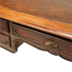 19th-century French mahogany Bureau Plat, inset tooled leather top over three frieze drawers, shaped apron, and cabriole legs carved with acanthus detail 