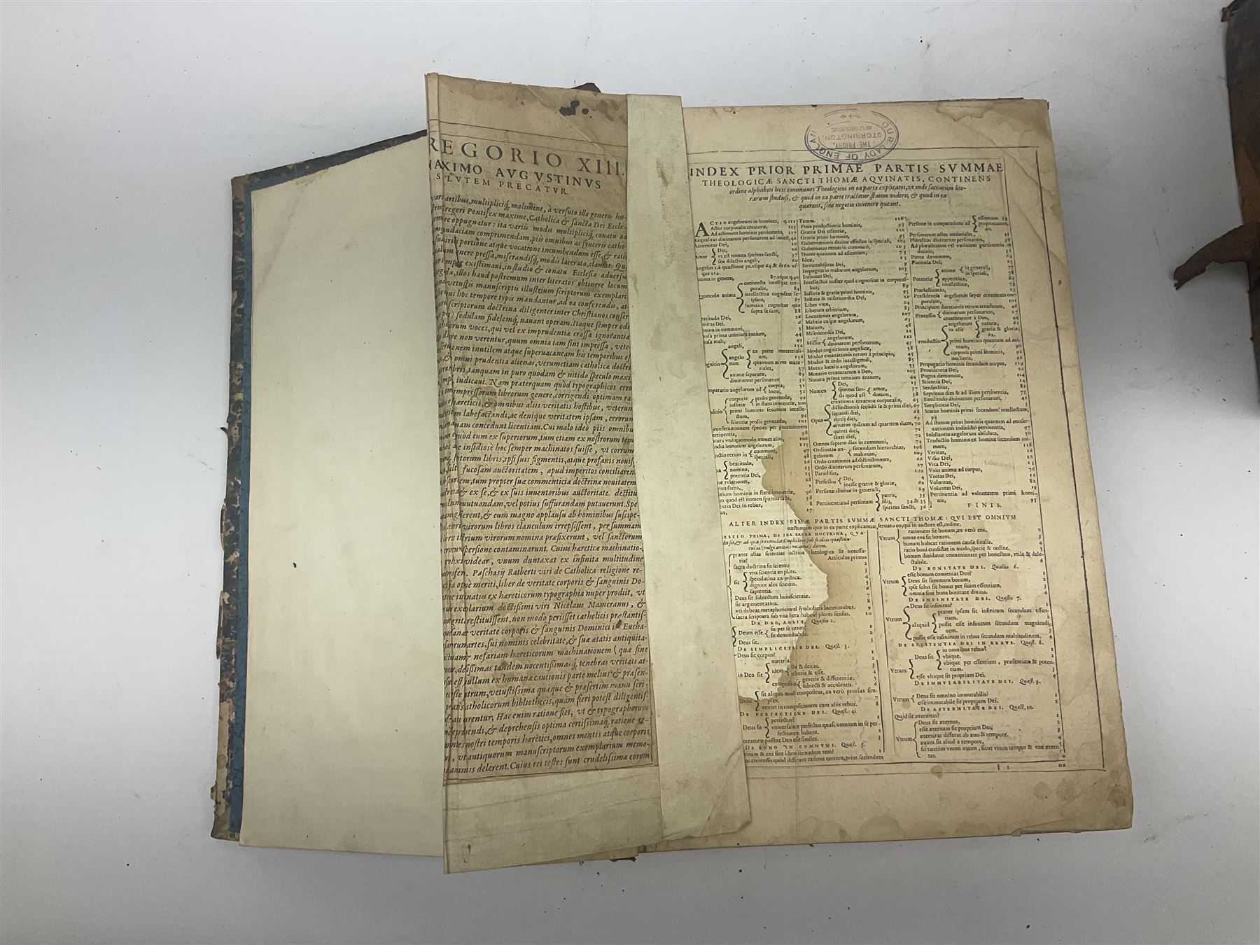 Sancti Gregorii Magni Papae Primi Opera , Sixti V Pont Max Iussu .... 1640 Paris. Two volumes in one with engraved galleon to each title page; R.P. Joan. Stephani Menochij Doctoris Theologi E Societate Jesu .... Editio Novissima .... Tomus Primus. 1683 Lugduni Francisci Comba; and two other similar leather bound folio volumes lacking title pages (4)