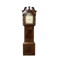 Late 19th century - mahogany 8-day longcase clock c1880, with a swans neck pediment  and break arch hood door, wide trunk with a short door and inset reeded columns, on a broad plinth with a flat base,  unsigned painted dial with Roman numerals, minute markers and subsidiary date and seconds dials, floral spandrels and a depiction of a child and dog in a county setting to the break arch. With pendulum, no weights.