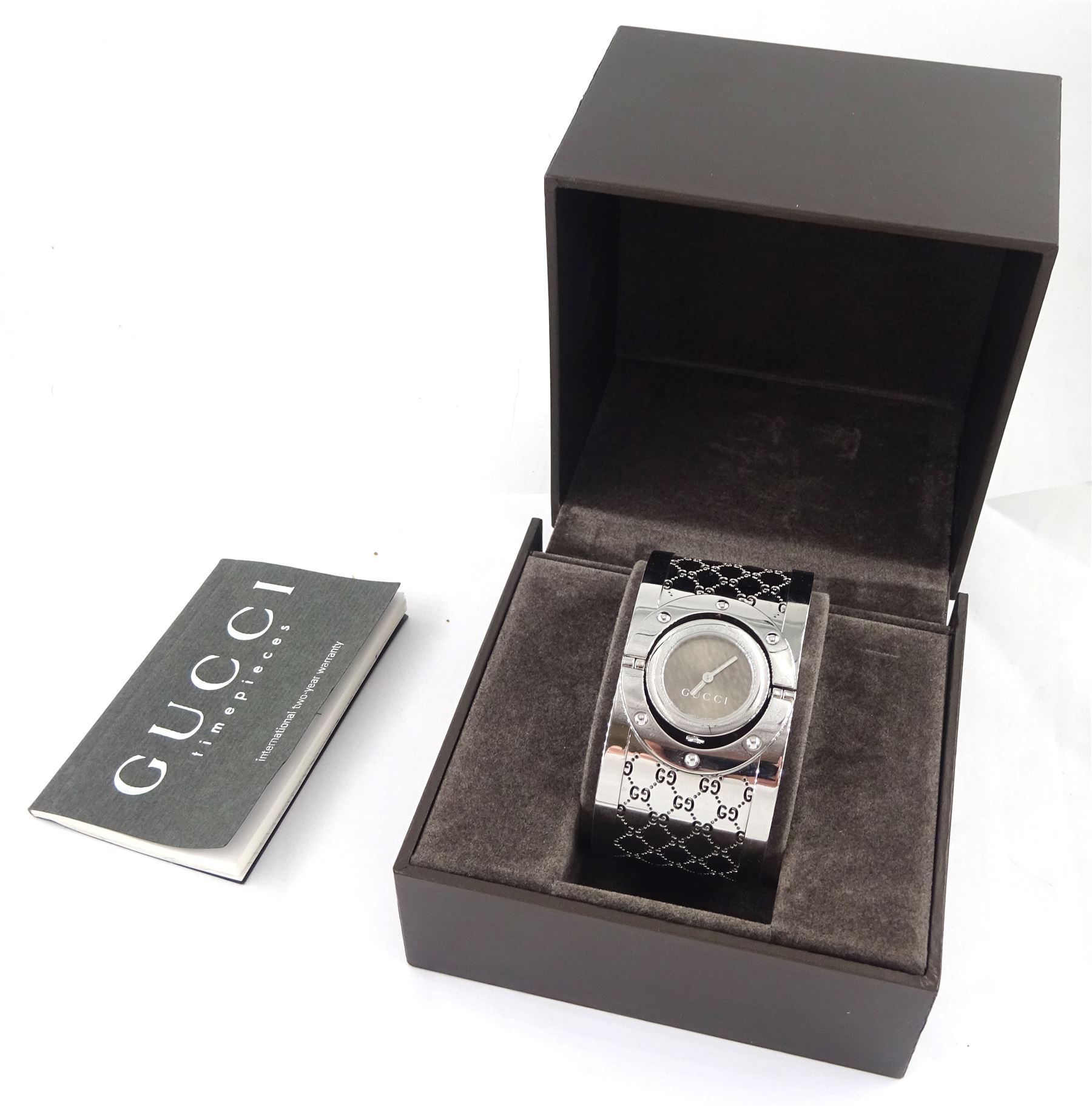 Gucci twirl ladies stainless steel quartz wristwatch, Ref. YA112, boxed with papers