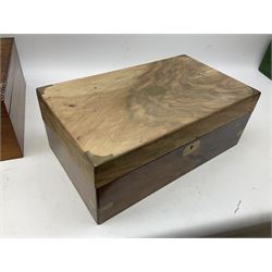 Early 20th century oak canteen box, the hinged lid decorated with marquetry banding and brass shield shaped plaque lifting to reveal red lined interior with lift out tray,  together with a walnut writing slope for restoration, largest L41cm, H44.5cm D33cm