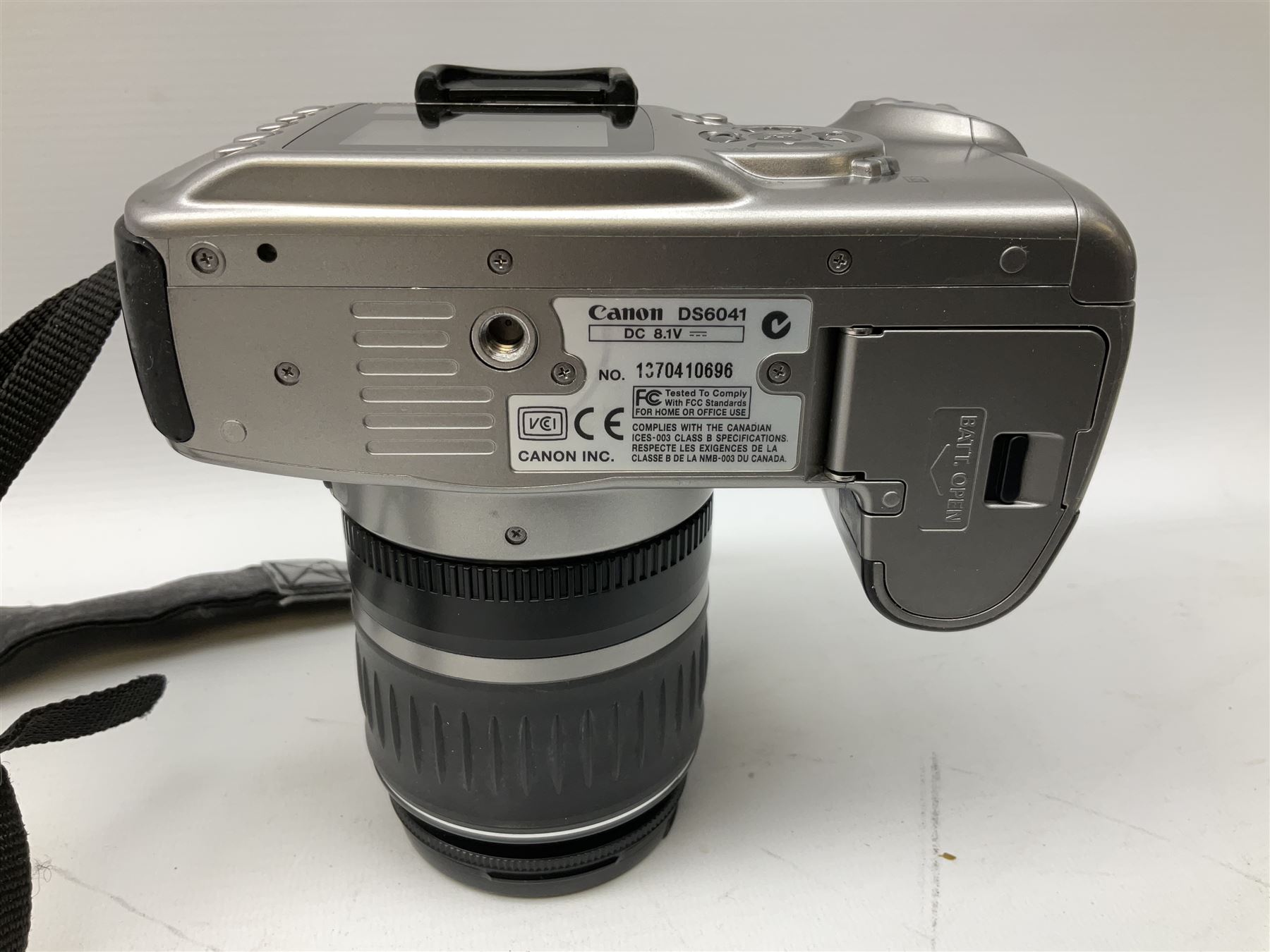 Canon EOS 300D Digital SLR in silver, with Canon 'Zoom Lens EF-S18-55mm 1:3.5-5.6', with soft shell bag and instruction manual