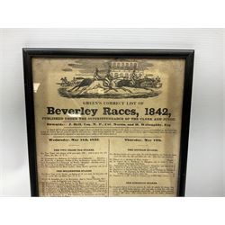 Two 19th century Beverley Race posters - 11th/12th May 1842 with vignette of a horse race 35 x 23cm; and 17th March 1854; each in ebonised frame; together with 'Notice of Poll .... Beverley No.5 Ward' 6th May 1976 78 x 43cm in mahogany stained frame (3)
