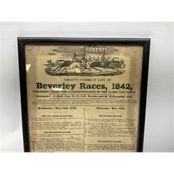 Two 19th century Beverley Race posters - 11th/12th May 1842 with vignette of a horse race 35 x 23cm; and 17th March 1854; each in ebonised frame; together with 'Notice of Poll .... Beverley No.5 Ward' 6th May 1976 78 x 43cm in mahogany stained frame (3)
