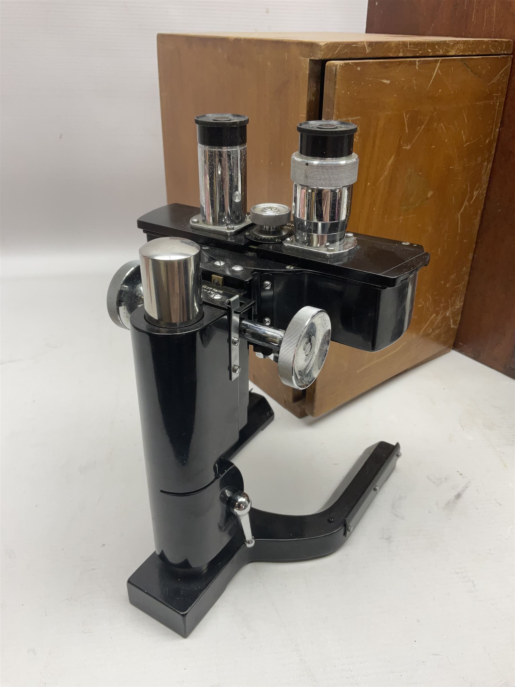 Three W. Watson & Sons microscopes, comprising Kima no 58173, Low power binocular no 98846 and High power binocular no 103144, all boxed 