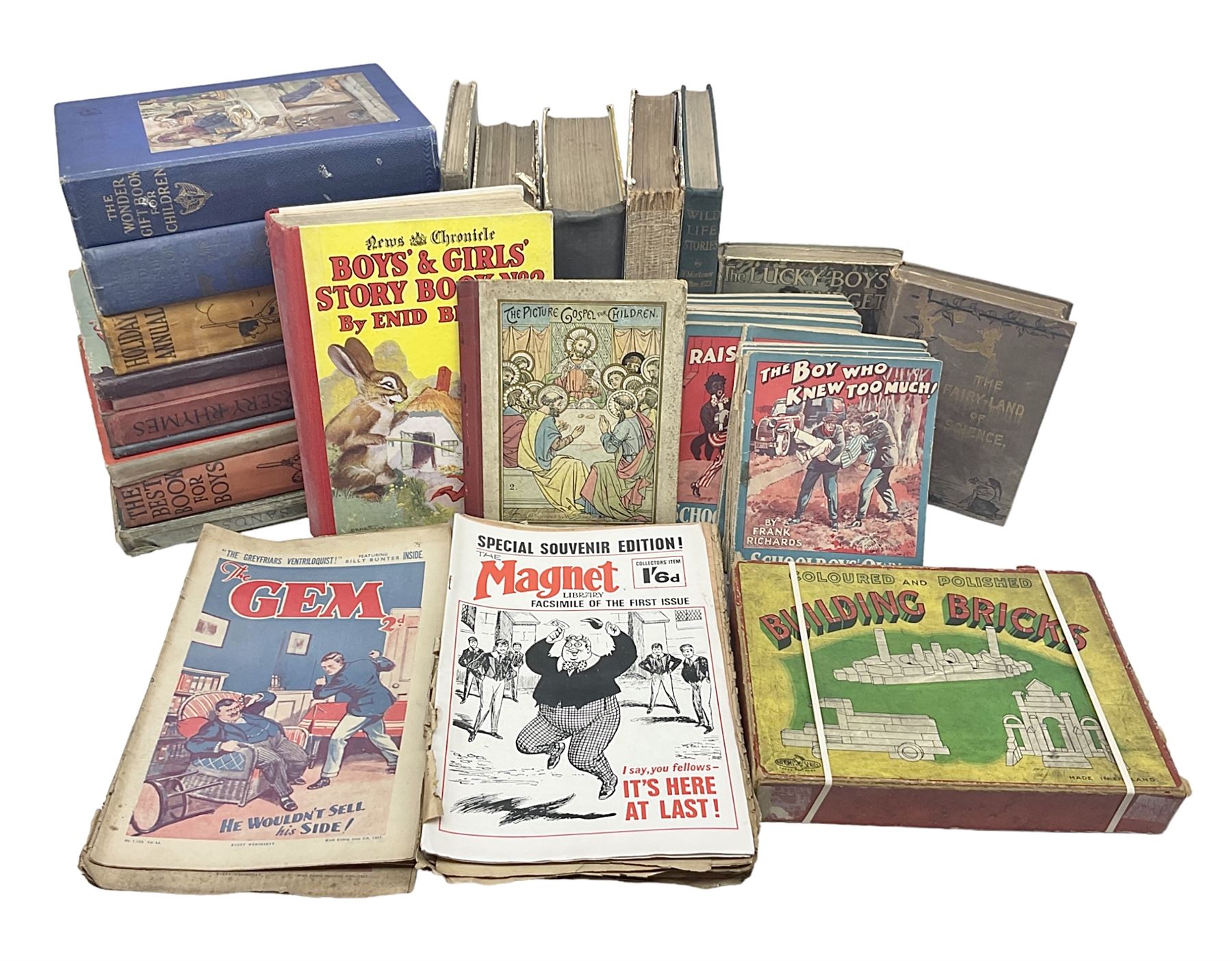 1930s Glevum Series boxed set of 'Coloured and Polished Building Bricks' with instructions; and quantity of 19th century and later children's books including The Fairy-Land of Science by Arabella B. Buckley. 1879; The Wonder Gift Book for Children 1933; The Greyfriars Holiday Annual 1938; The Willie Waddle Book 1933; twelve editions of School Boys Own Library 1937/8; Rainbow Annual 1952 etc