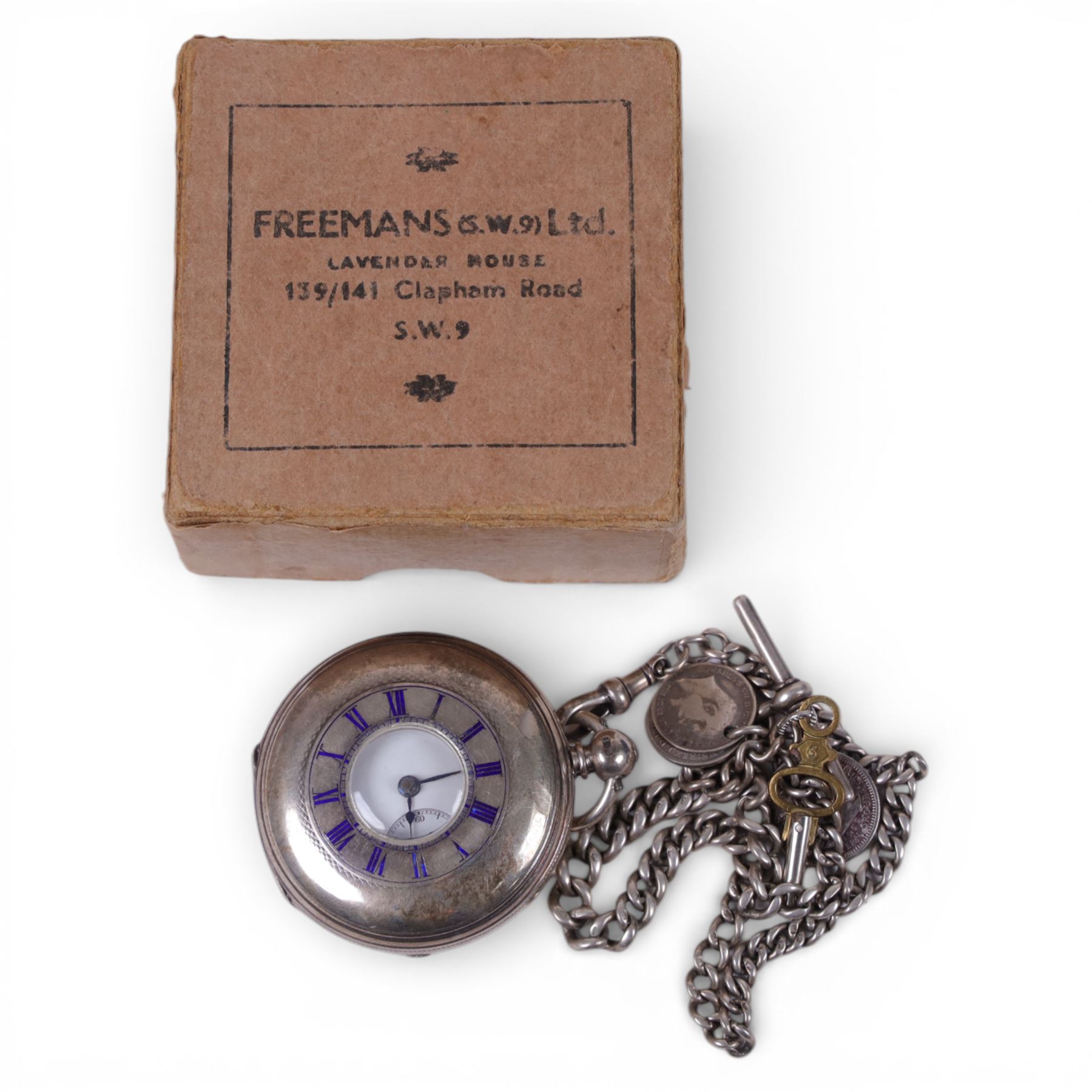 Late Victorian silver cased half-hunter pocket watch, with enamel numerals to cover and subsidiary seconds dial, hallmarked London 1875, with tapering silver Albert chain