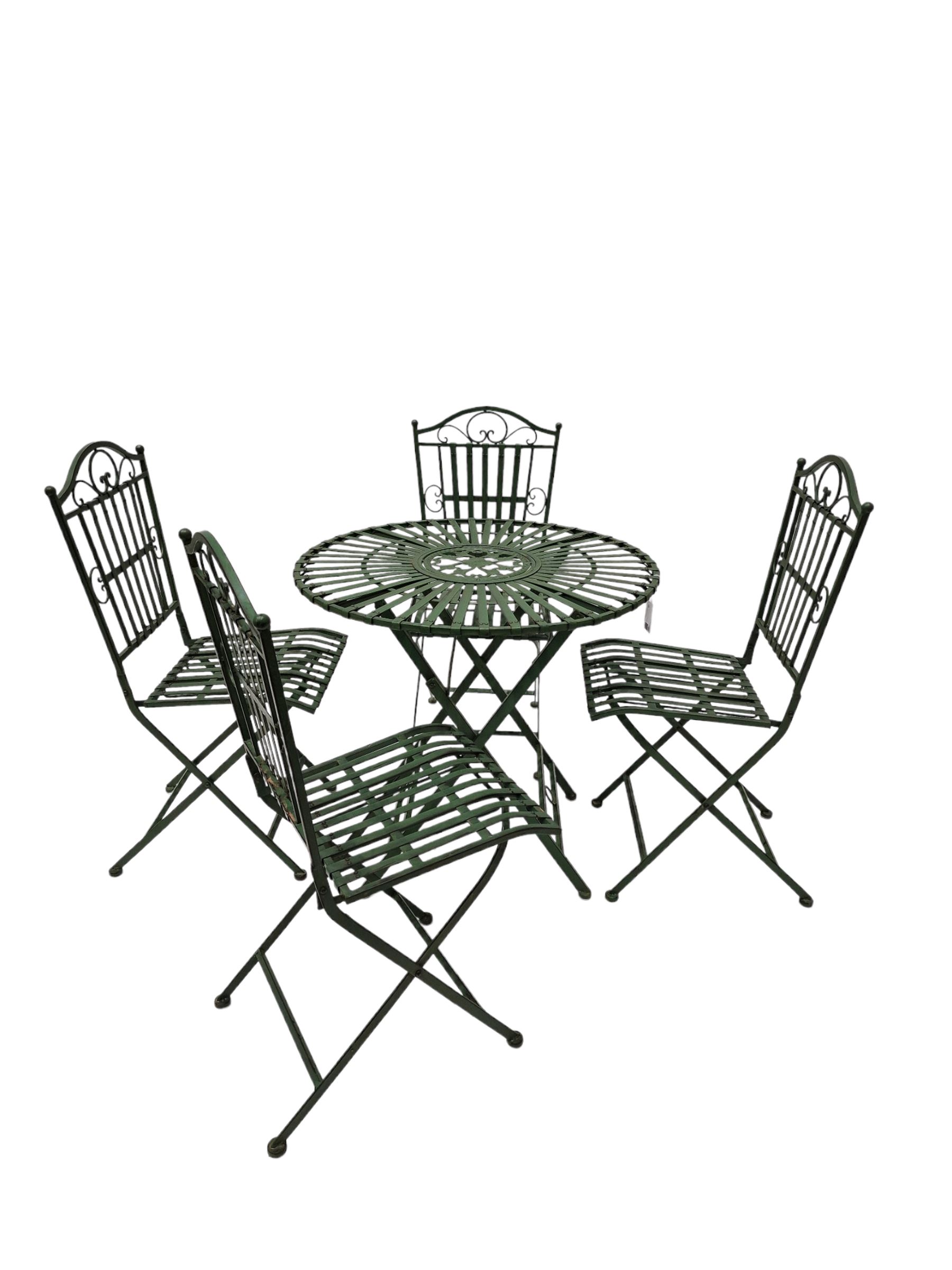 Wrought metal slatted round folding garden table and four chairs in green finish - THIS LOT IS TO BE COLLECTED BY APPOINTMENT FROM DUGGLEBY STORAGE, GREAT HILL, EASTFIELD, SCARBOROUGH, YO11 3TX