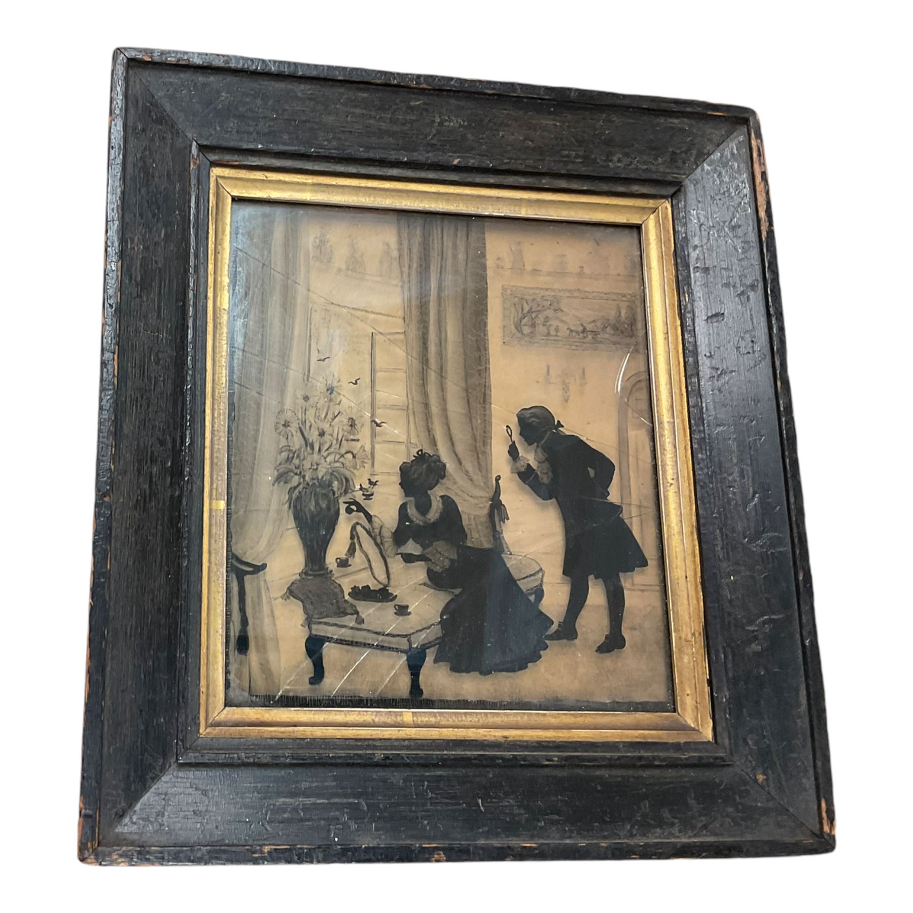 Verre églomisé silhouette painting, in frame, H28cm  