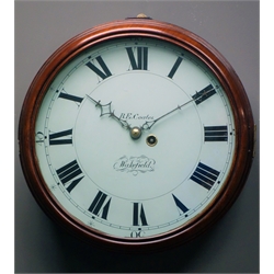  19th century mahogany circular wall clock, enamel dial with Roman chapter ring, signed 'B.E. Coates, Wakefield', single narrow tapered fusee movement, D38cm  