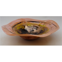  Michele Luzoro (French 1949-): Verrerie d'art Luzoro studio glass bowl, mottled pink with accents of yellow, amber, blacks, aventurine and white, signed, D32cm  