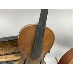 German violin c1900 for restoration and completion with 36cm two-piece maple back and ribs and spruce top L59.5cm overall; in very poor ebonised wooden coffin carrying case with part bow; together with an uncased Romanian eight-string mandolin with segmented back and marquetry panel to spruce top (2)