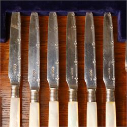 Set of twelve silver bladed fruit knives and forks with mother of pearl handles, the blades with engraved decoration, in oak case Sheffield 1920 Maker Allen & Darwin