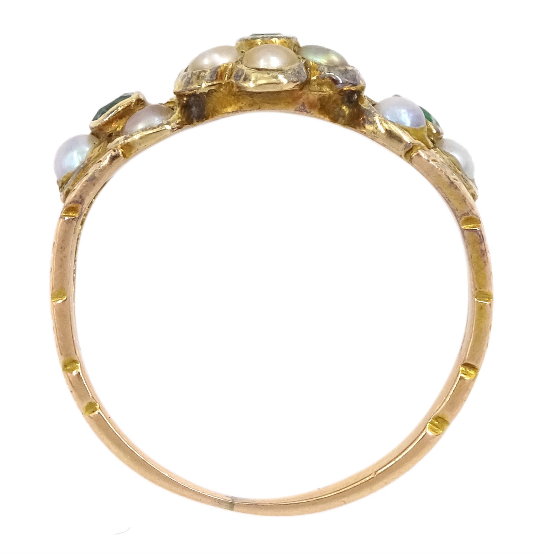 Victorian 15ct gold split pearl and green stone set flower head cluster ring