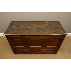  Late 17th century oak mule chest, moulded half hinged rectangular top, three panel front with two drawers, stile supports, W126cm, H75cm, D55cm  