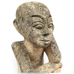 Balinese design weathered cast stone figure of an ancestral guardian, modelled in a squatting pose 