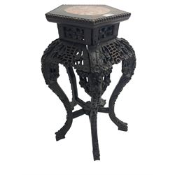Late 19th to early 20th century Chinese carved hardwood jardinière or urn stand, pentagon top with circular marble inset and beaded edge, carved and pierced with floral decoration, five shaped supports carved with trailing foliate