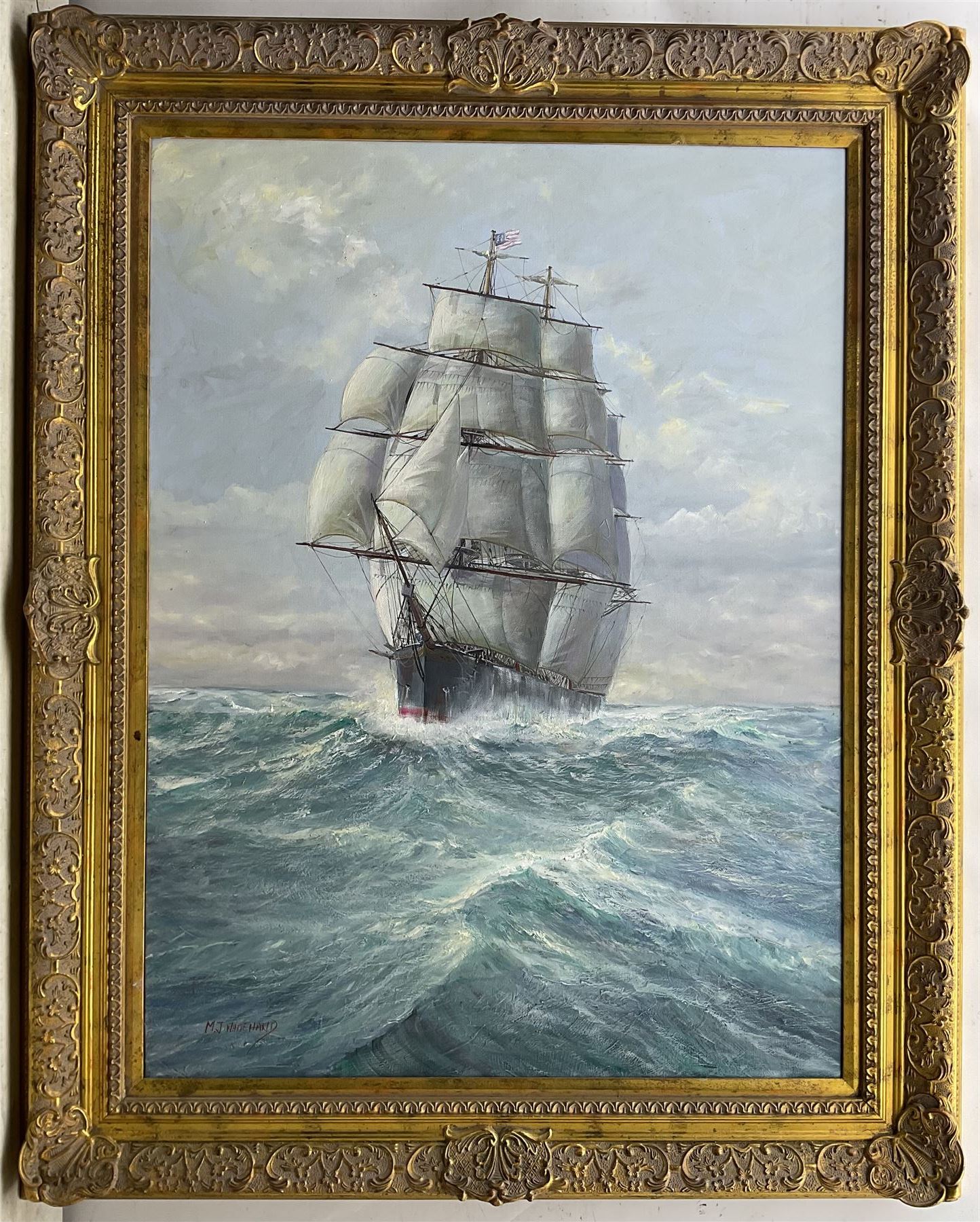 Michael J Whitehand (British 1941-): The Wool Clipper 'Red Jacket', oil on canvas signed, titled verso 101cm x 75cm 
Notes: 'Red Jacket' was one of the largest and fastest clippers ever built, and one of the first ships of the White Star Line, launched in 1853.