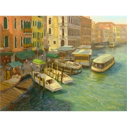 David Allen (British 1945-): 'Grand Canal from the Rialto Bridge', pastel signed, titled and dated 2000 verso on gallery label 44cm x 60cm 
Provenance: with Walker Galleries, Harrogate, labels verso