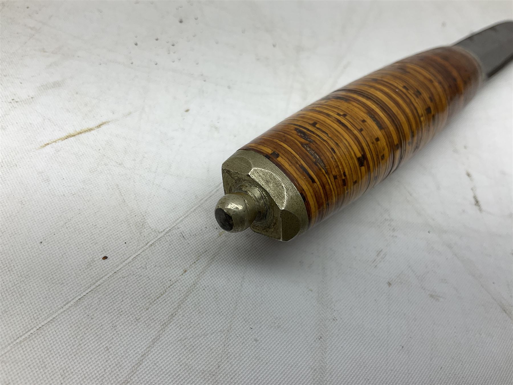 Norwegian staksniv hunting knife with 10cm single-edged steel blade in tooled leather sheath with nickel mounts L23cm overall