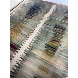 R & J Beck London microscope, model 7597, contained in fitted case, together with a boxed collection of glass microscope biological sample slides