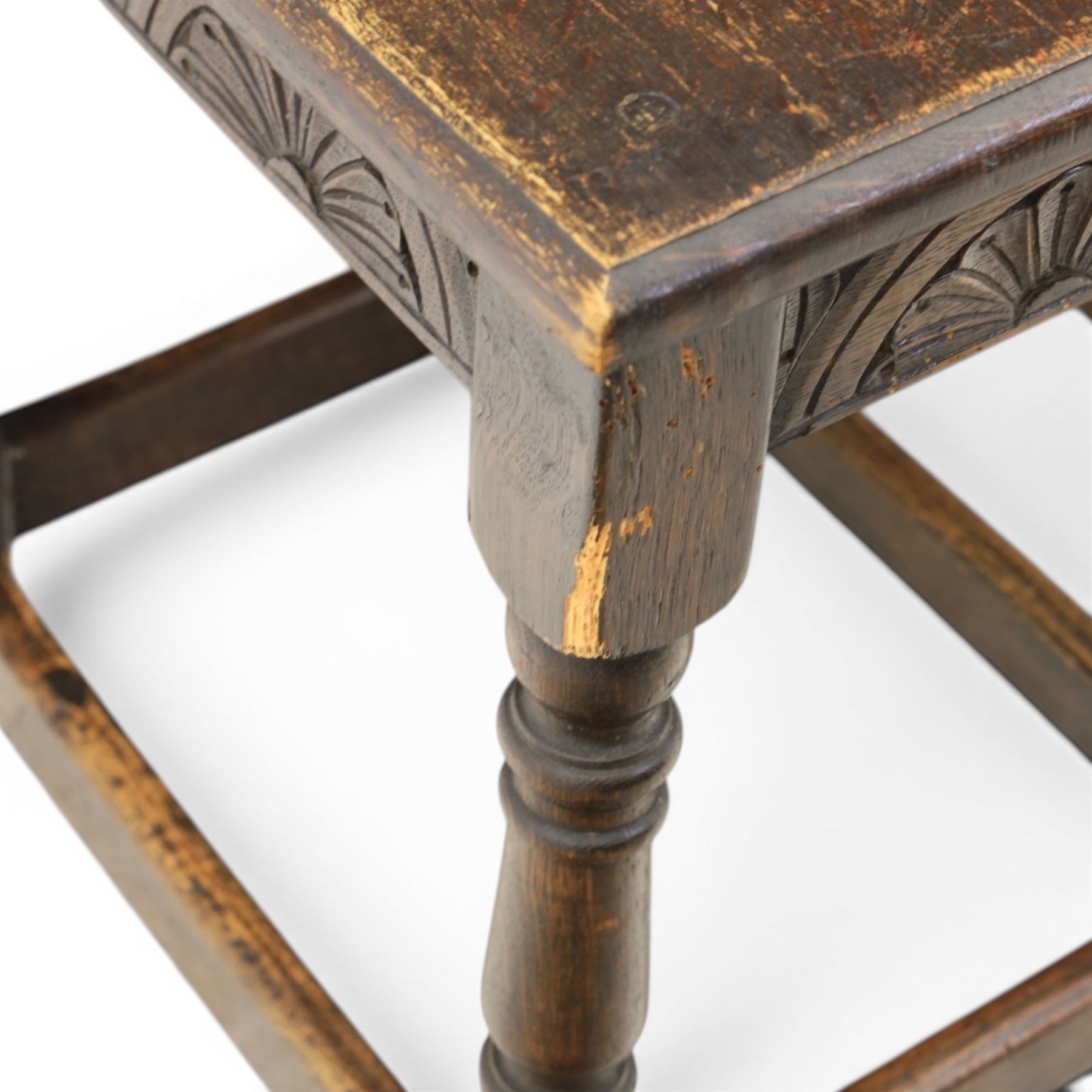 Two 19th century oak joint stools with carved frieze and turned supports