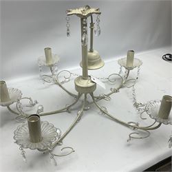 Five branched chandelier with droplet details, together with a similar three branches chandelier 