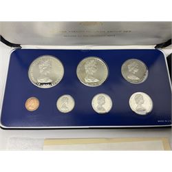 Four British Virgin Islands proof coin sets, comprising First Coinage of the British Virgin Islands 1973 proof six coin set, containing silver one dollar coin, 1977 and 1979 proof sets, containing high denomination silver coins, and The Royal Coronation Jubilee 1977 six coin silver proof set, each minted at the Franklin Mint, all cased with certificates, and a Solomon Islands 1978 proof seven coin set, containing silver five dollar coin, minted at the Franklin Mint, cased with certificate (5)
