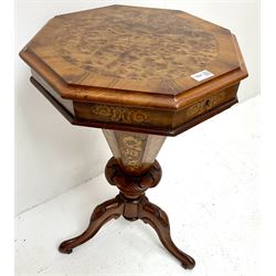 Victorian walnut and marquetry trumpet work table, tapering column supports on three foliage carved shaped supports